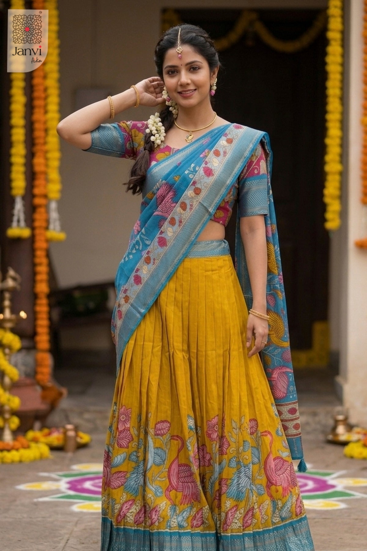 Front full standing shot of a half saree as a beautiful saree worn as lehenga for weddings.