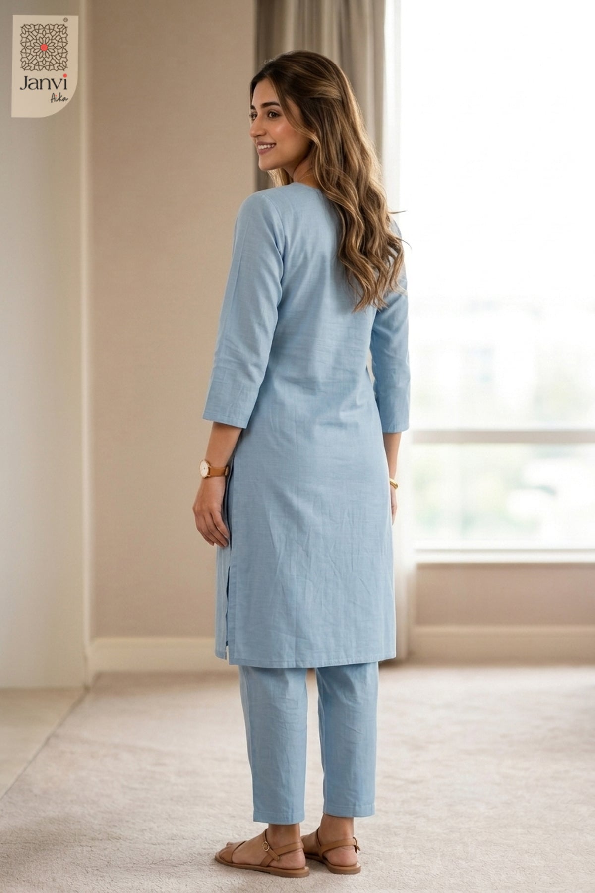Back view of Skyloom in light blue cotton from the 2 piece outfits for ladies collection.
