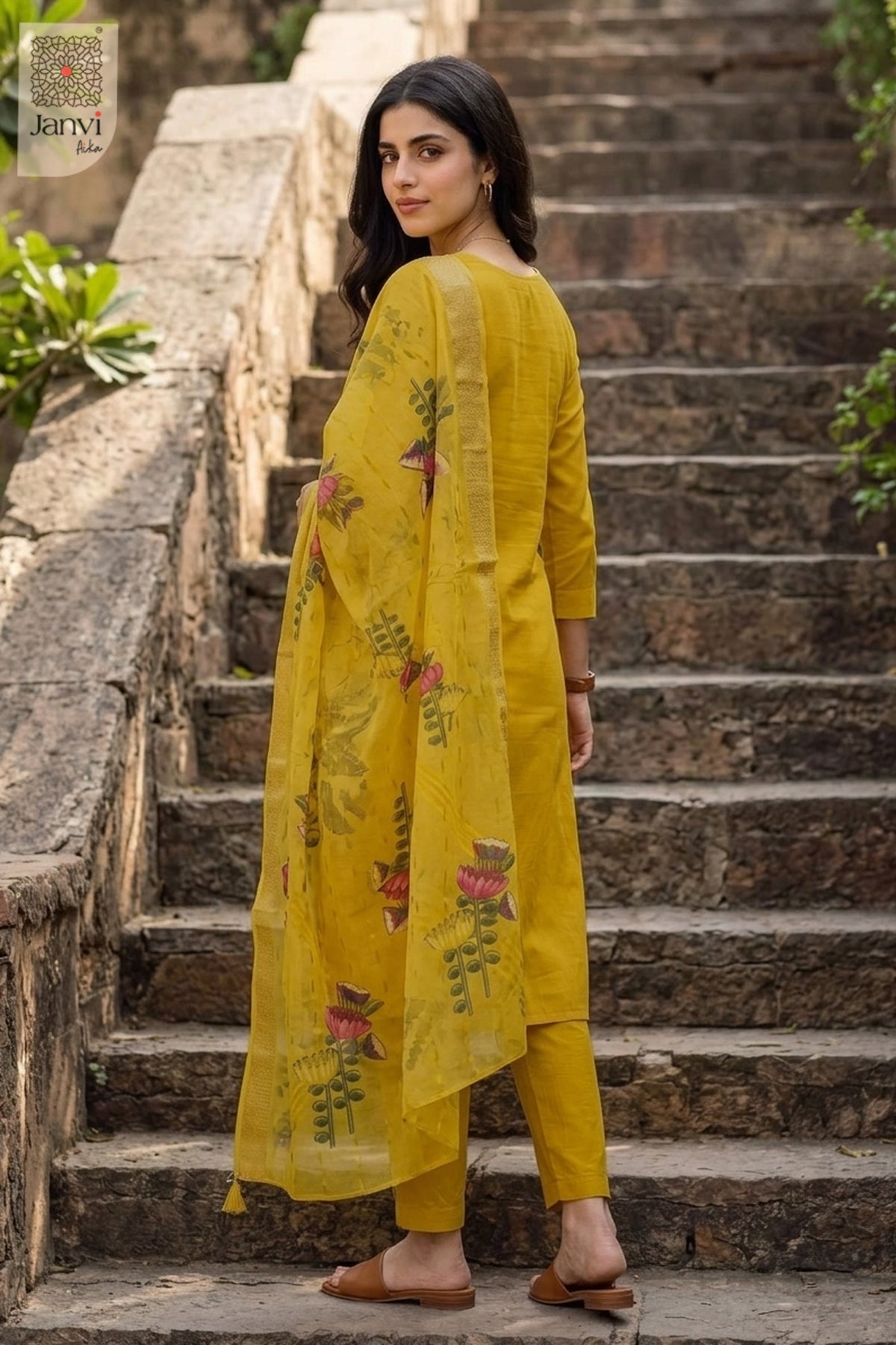Outdoor stairs rear view glancing over shoulder in a yellow churidar sleeves kurti.