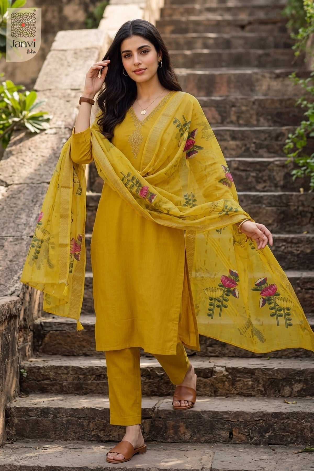 Standing on outdoor stone stairs holding printed scarf in a party wear churidar set.
