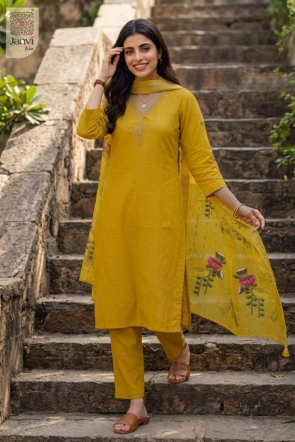 Outdoor stairs pose gently touching hair in an embroidered mustard chudidar set.