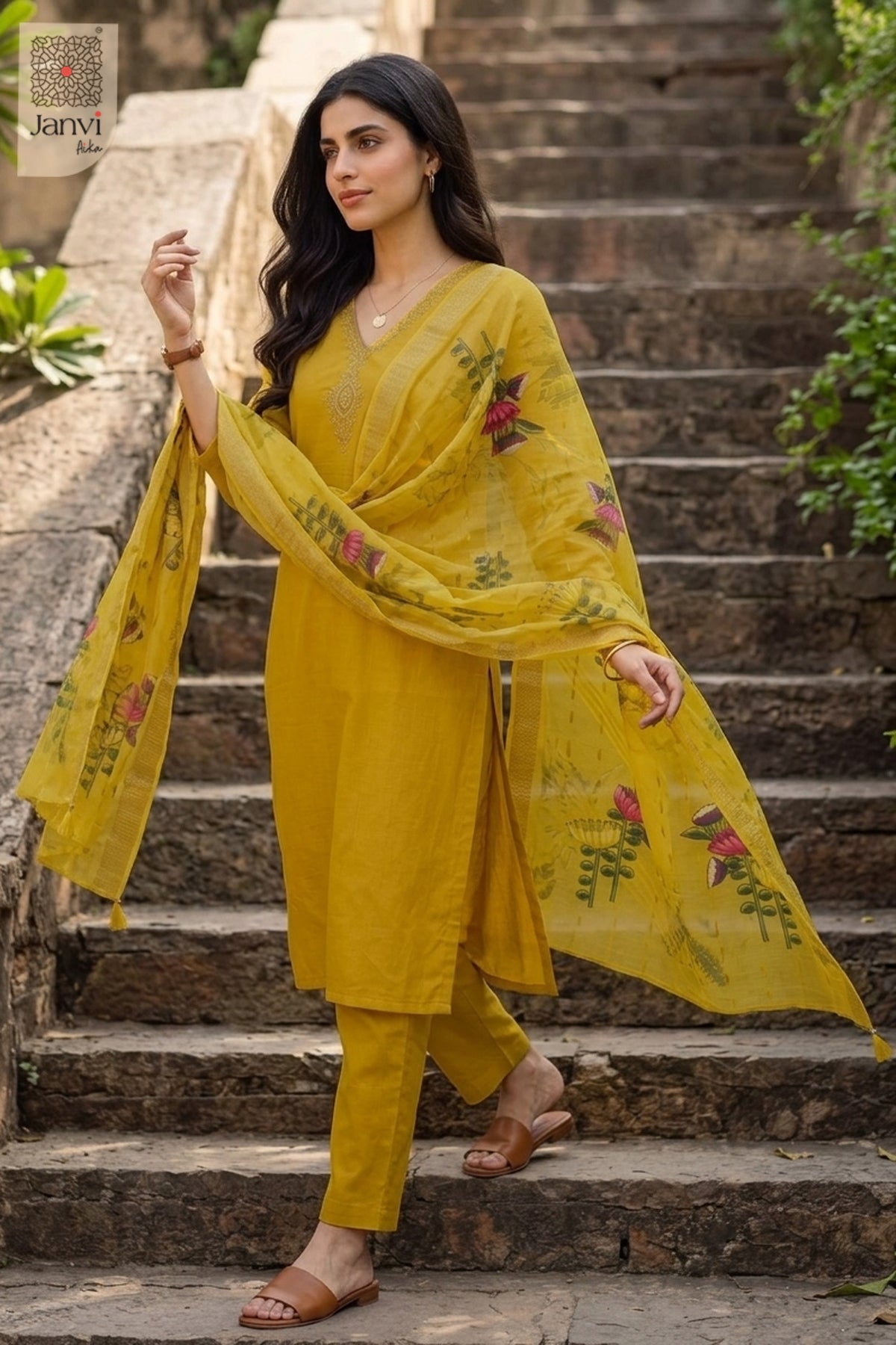 Outdoor staircase pose leaning on railing in a mustard yellow churidar set readymade.