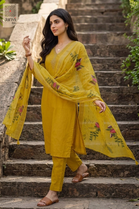 Outdoor staircase pose leaning on railing in a mustard yellow churidar set readymade.