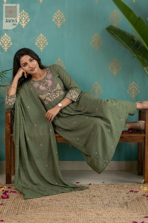 Sage Folkflora Embroidered Round Neck