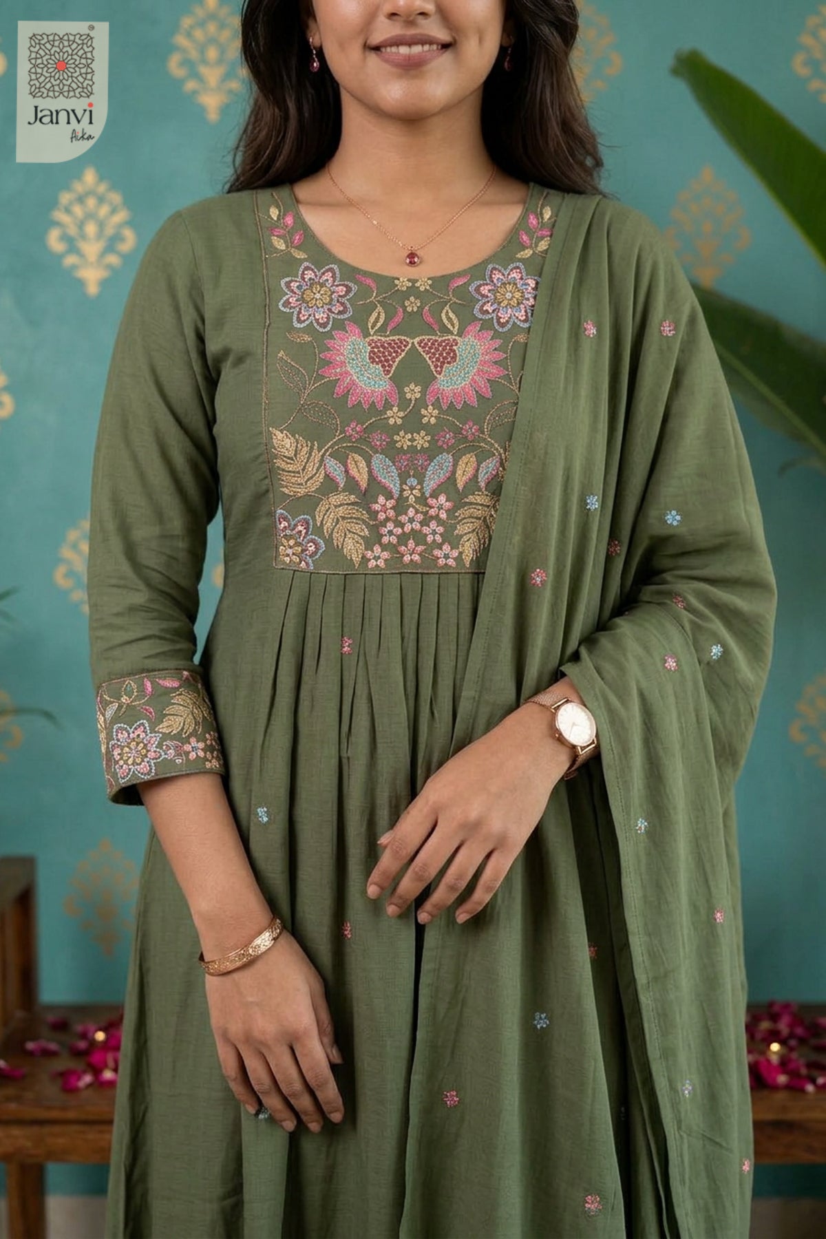 Sage Folkflora Embroidered Round Neck