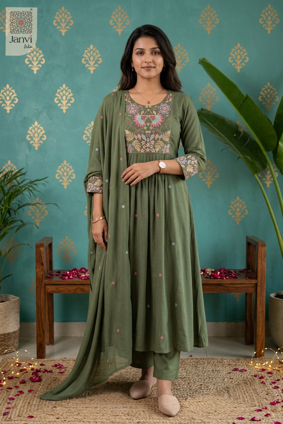 Sage Folkflora Embroidered Round Neck