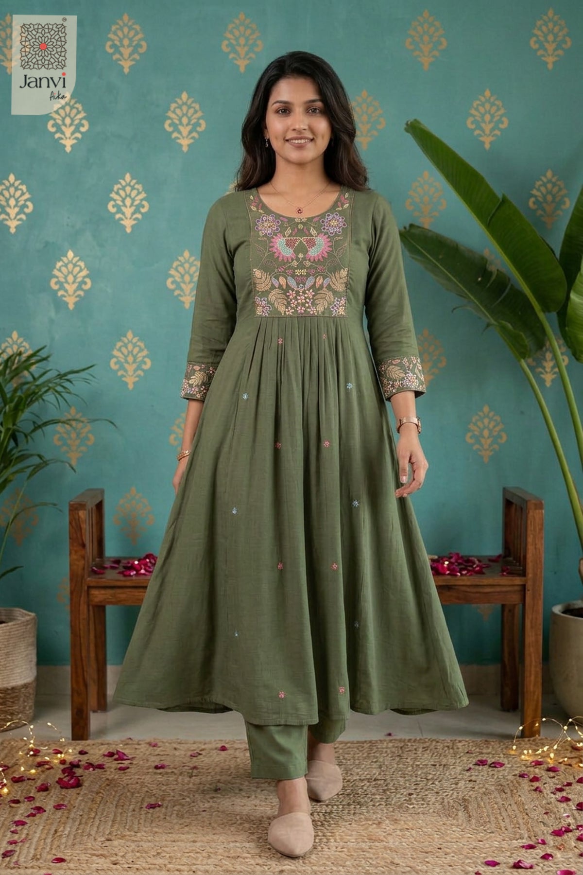 Sage Folkflora Embroidered Round Neck