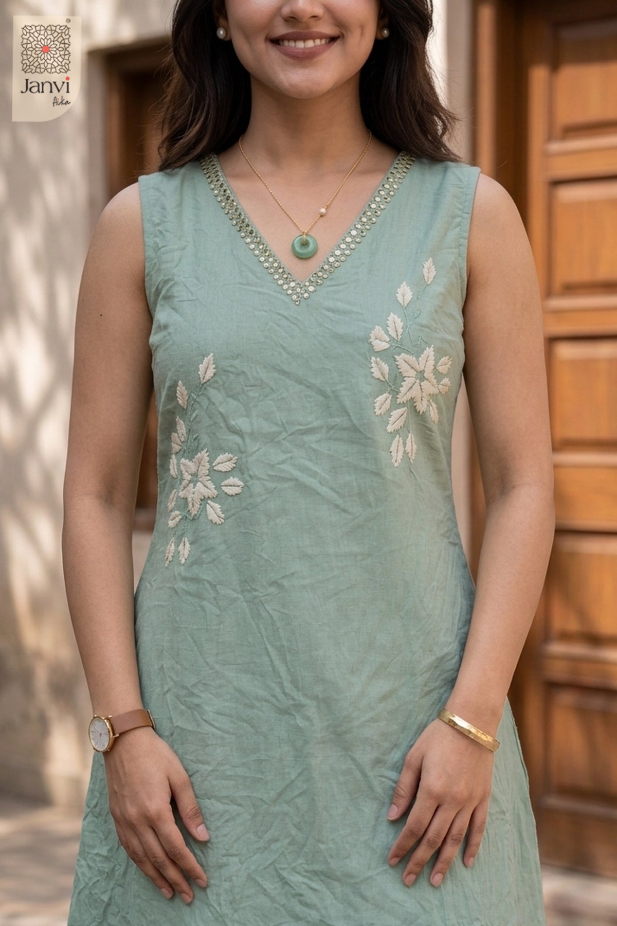 Sage Imperial Mirrorwork Floral Kurta