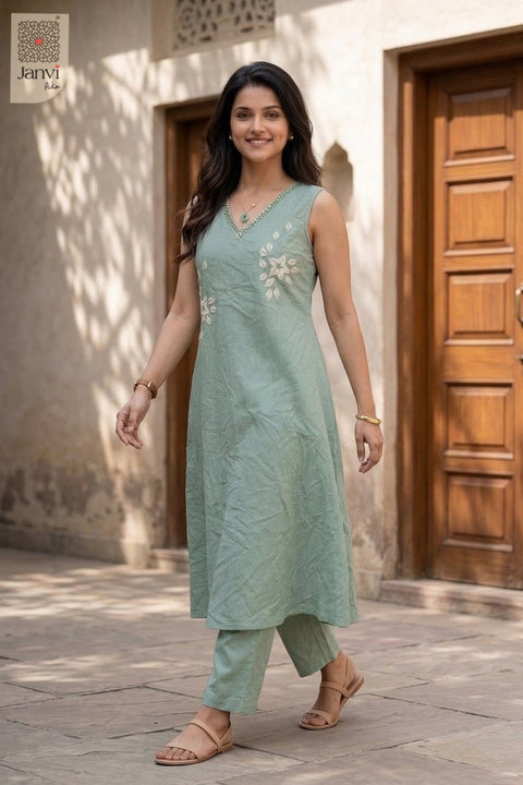 Sage Imperial Mirrorwork Floral Kurta