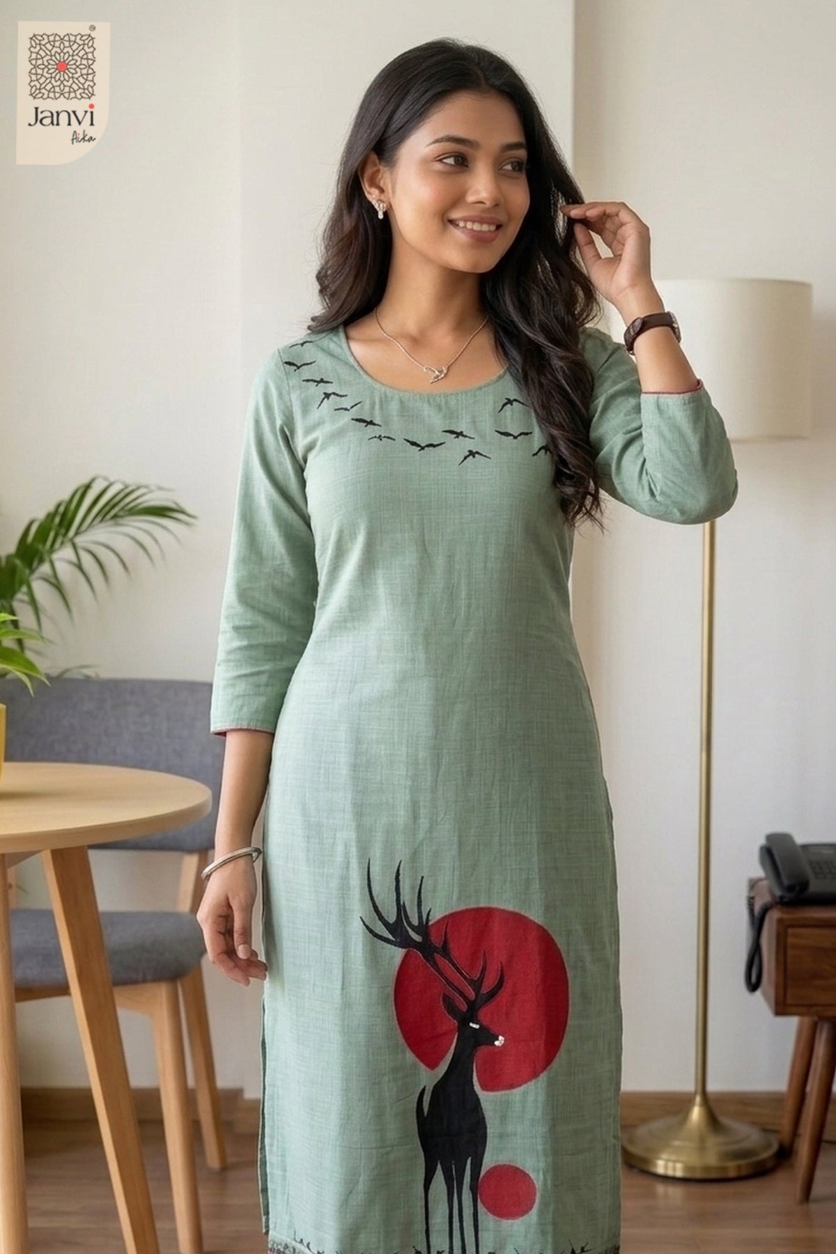 Sage Skies Round Neck Bird Embroidered Kurta