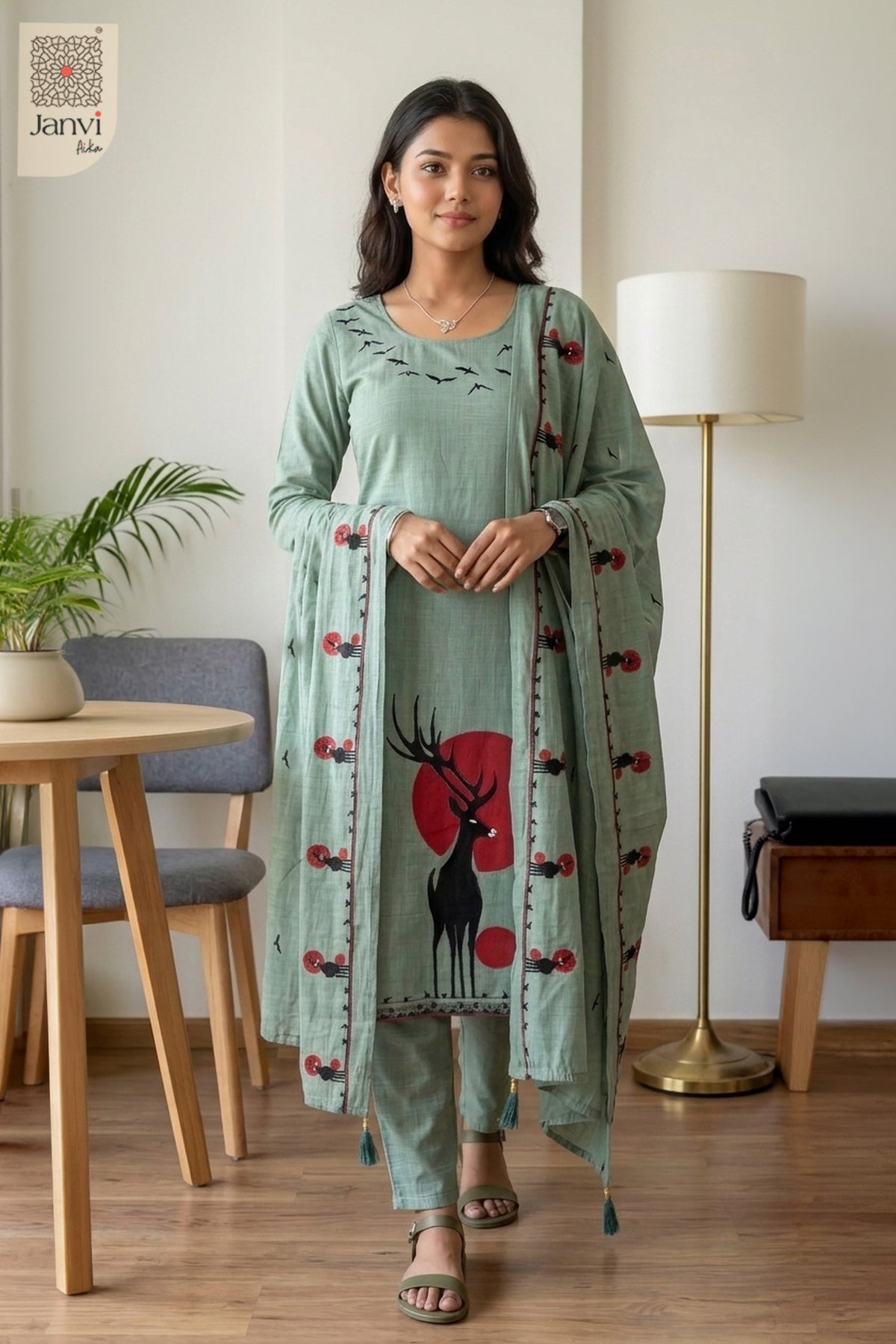 Sage Skies Round Neck Bird Embroidered Kurta