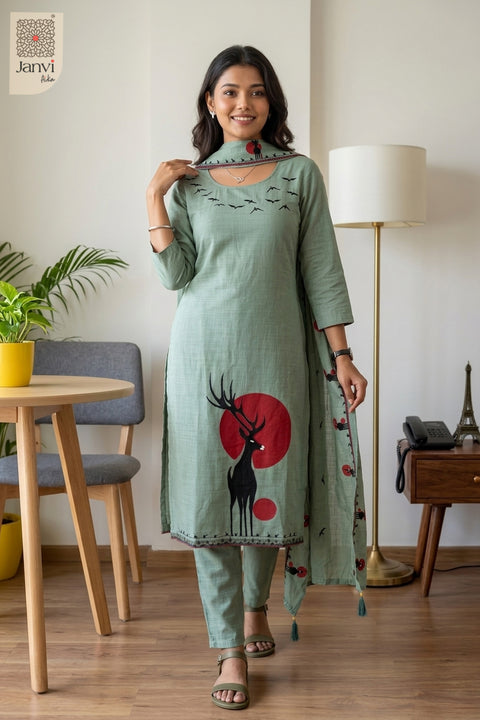 Sage Skies Round Neck Bird Embroidered Kurta
