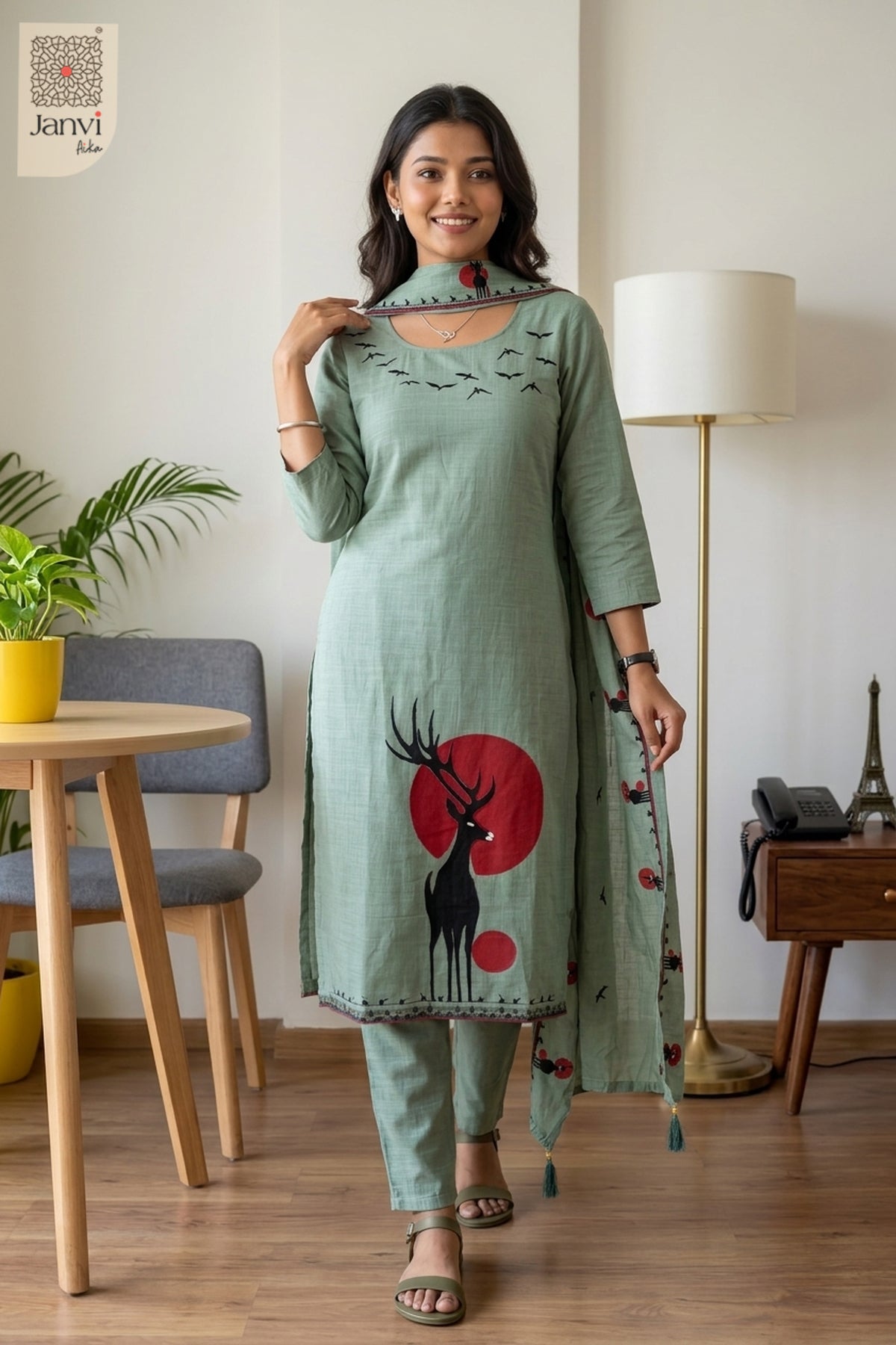Sage Skies Round Neck Bird Embroidered Kurta