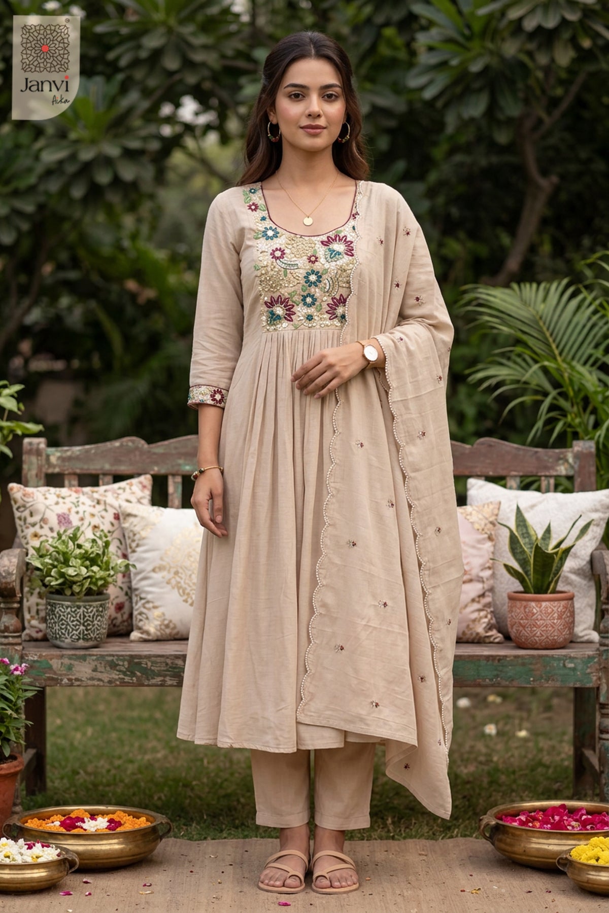 Sand Jewel Meadow Beadwork Round Neck