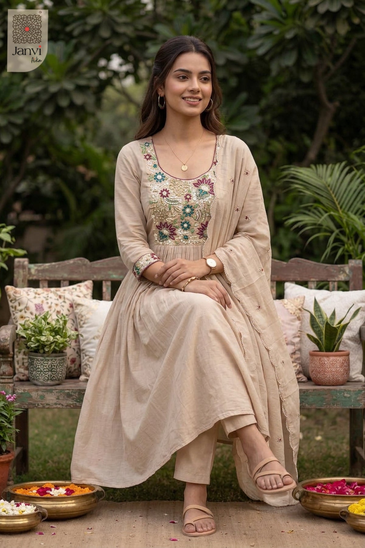 Sand Jewel Meadow Beadwork Round Neck