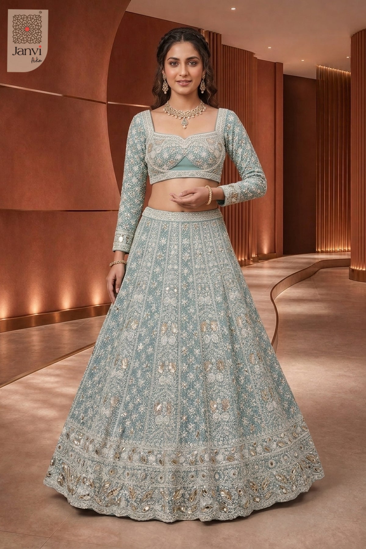 Front full standing shot of a classic seafoam green georgette heavy designer lehenga design.