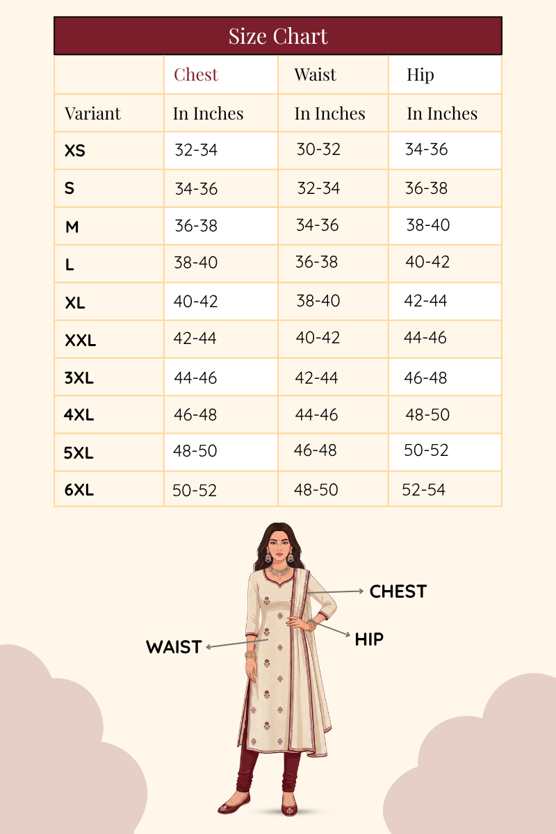 Size chart showing measurements from XS to 6XL for readymade dress online shopping.