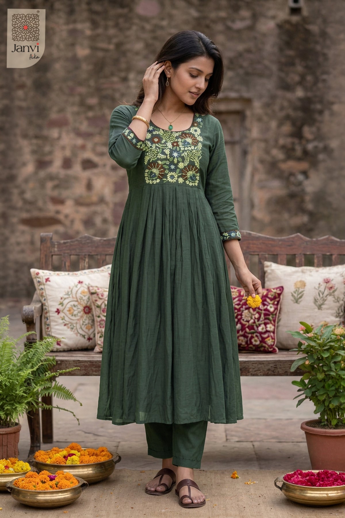 Slate Jewel Meadow Beadwork Round Neck