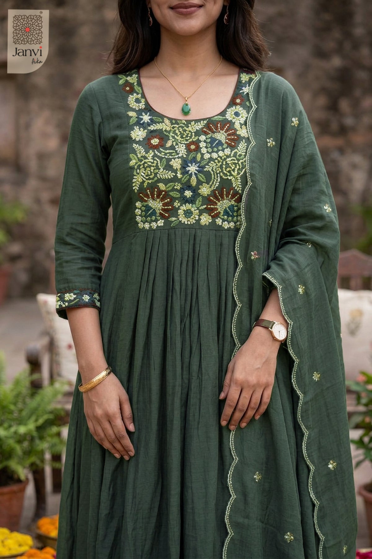 Slate Jewel Meadow Beadwork Round Neck