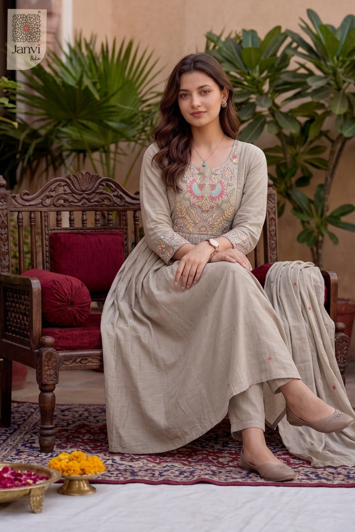 Stone Petalcraft Embroidered Round Neck