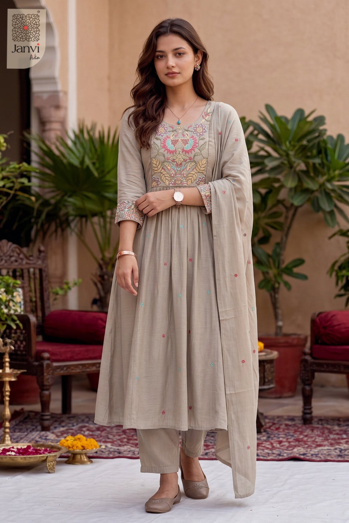 Stone Petalcraft Embroidered Round Neck