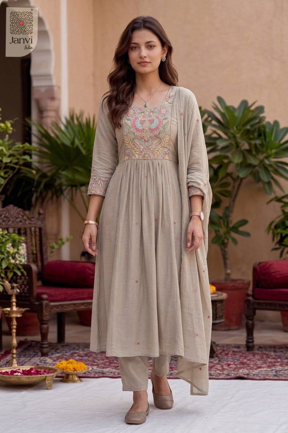 Stone Petalcraft Embroidered Round Neck