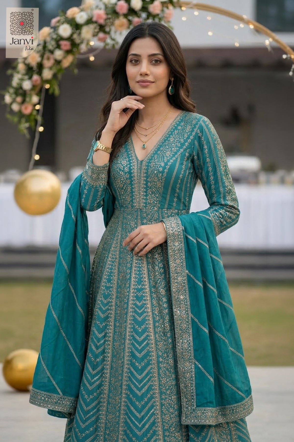 Experience true luxury in this striking half body front view during your next dresses shopping.