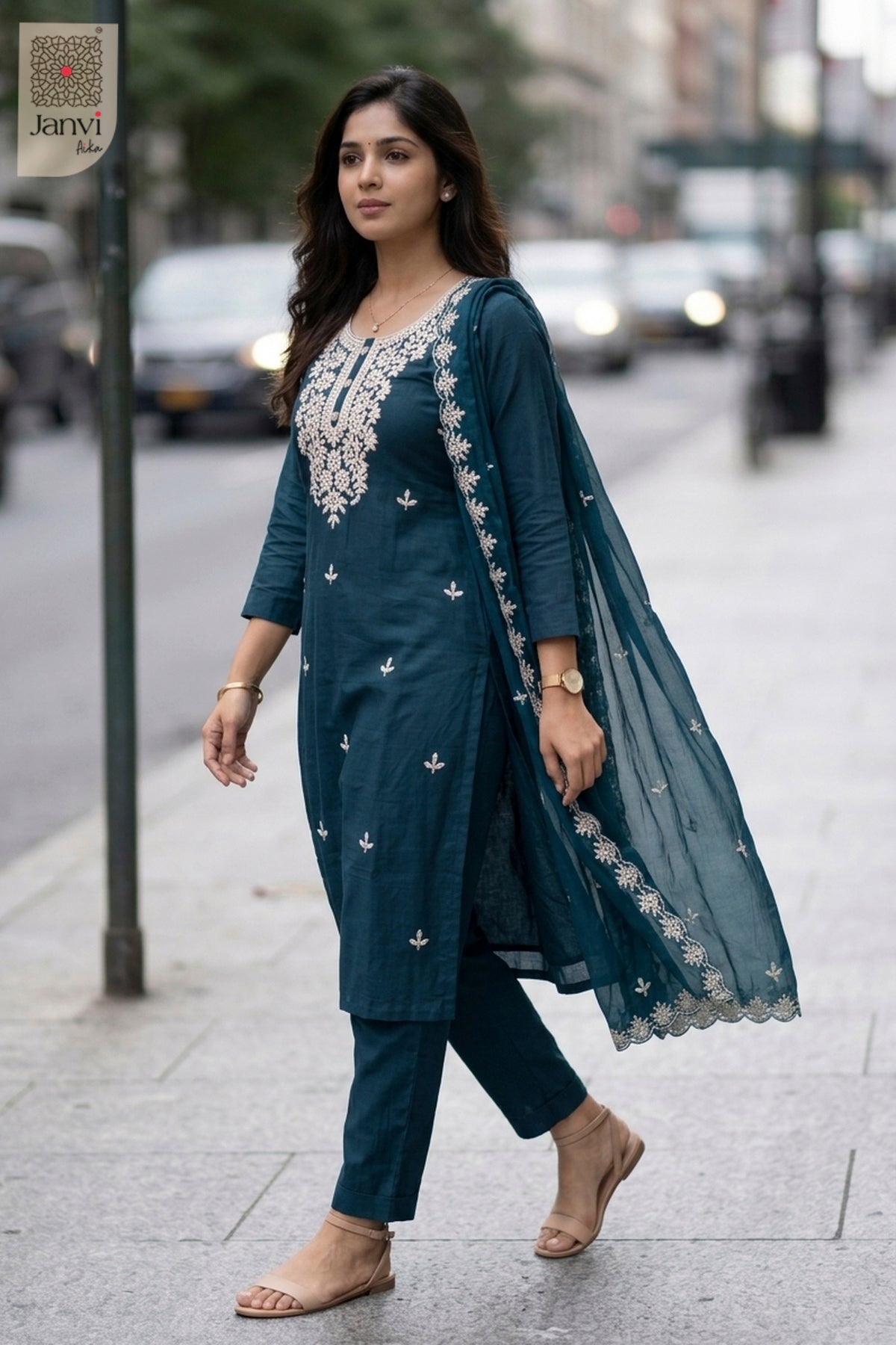 Back view showing neckline styling of Teal Radiance for women's black dresses with sleeves.