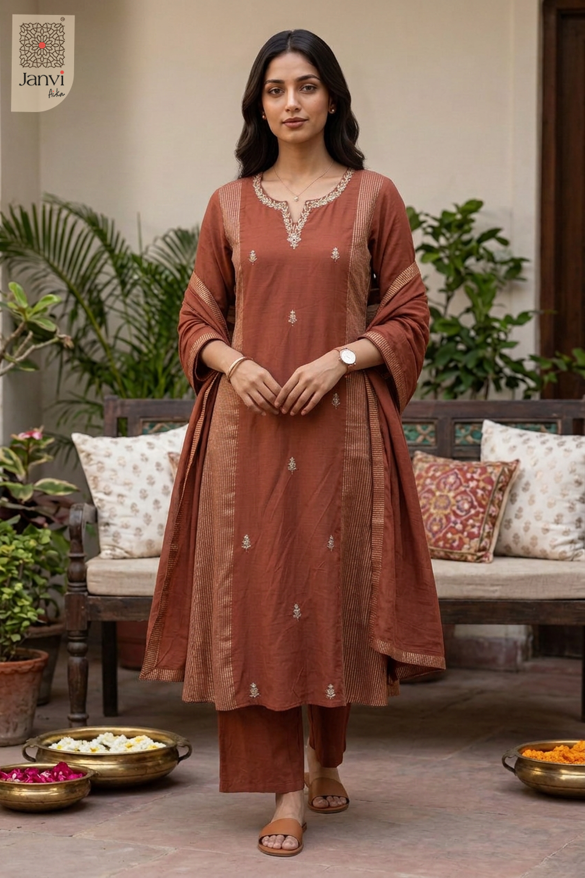 Tantika Pinstripe Panel Butti Work Notch Neck Anarkali