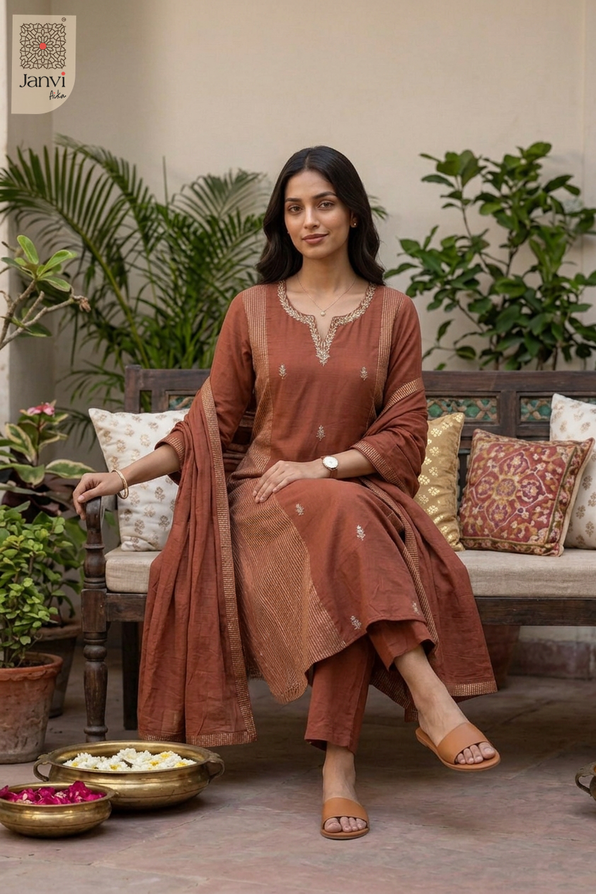 Tantika Pinstripe Panel Butti Work Notch Neck Anarkali