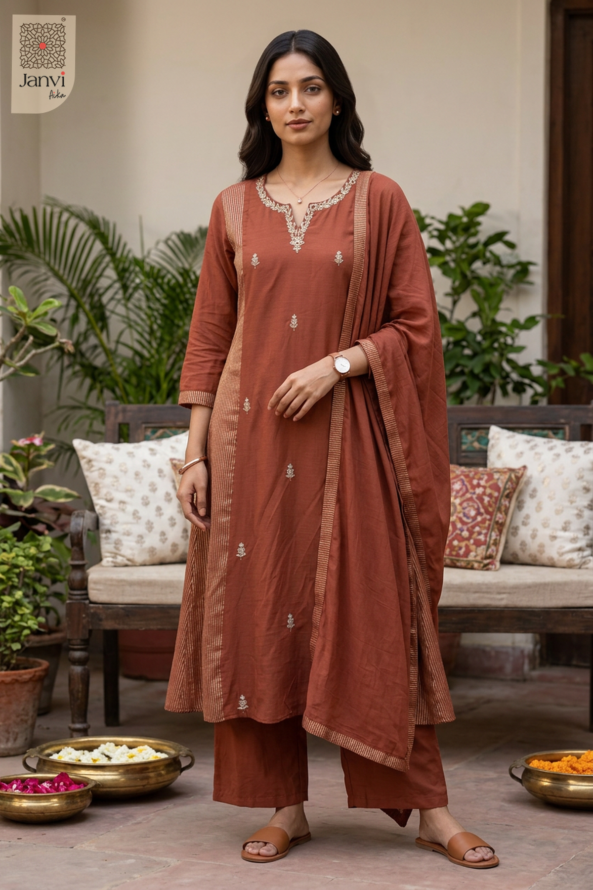 Tantika Pinstripe Panel Butti Work Notch Neck Anarkali