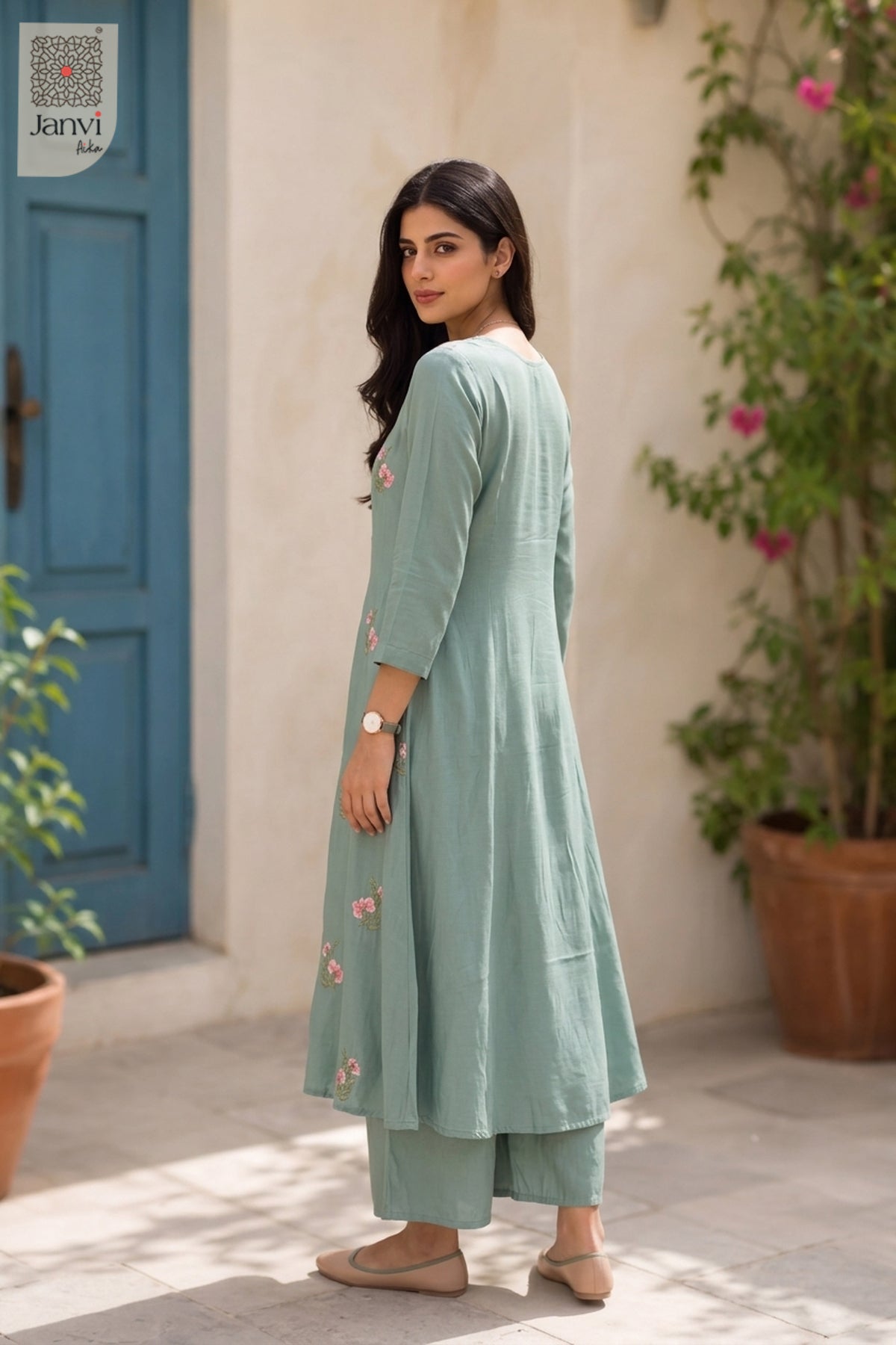 Teal Blossom Embroidered Dress