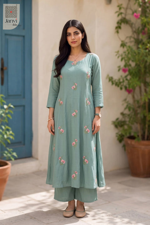 Teal Blossom Embroidered Dress