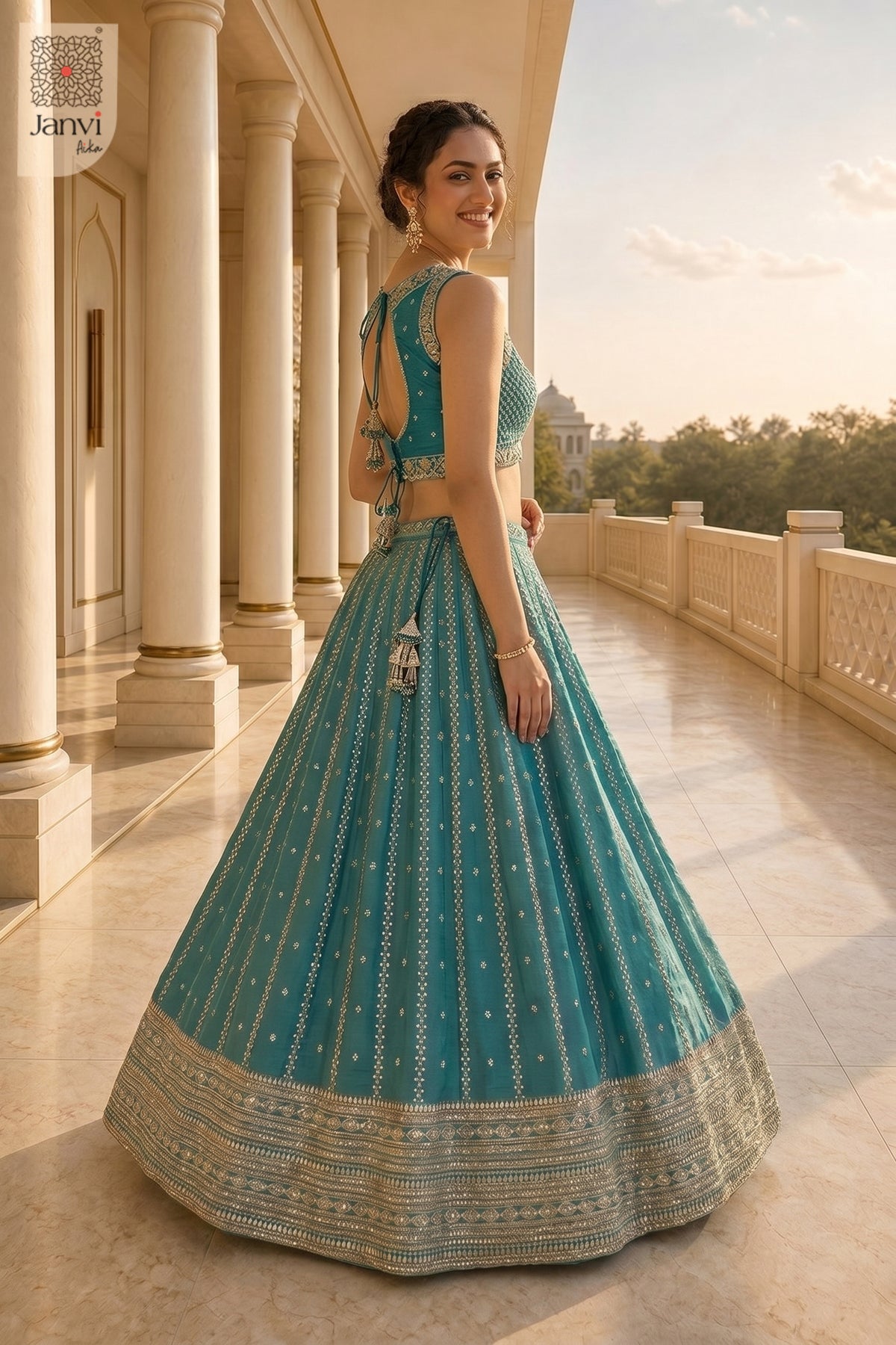 Rear full standing shot of a classic teal georgette latest party wear lehenga design.