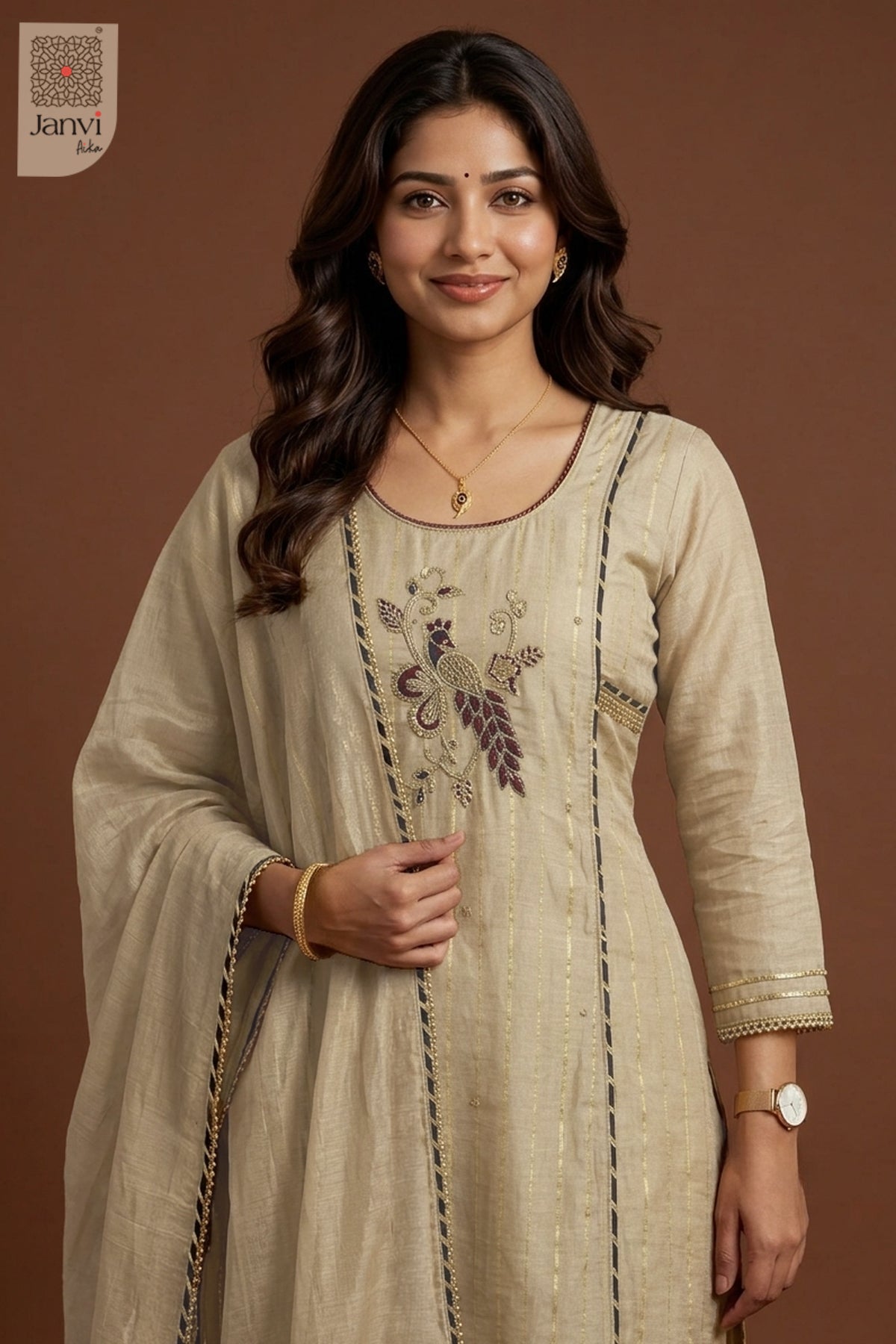 Close up front smiling portrait in fine embroidered grayish orange churidar set readymade.