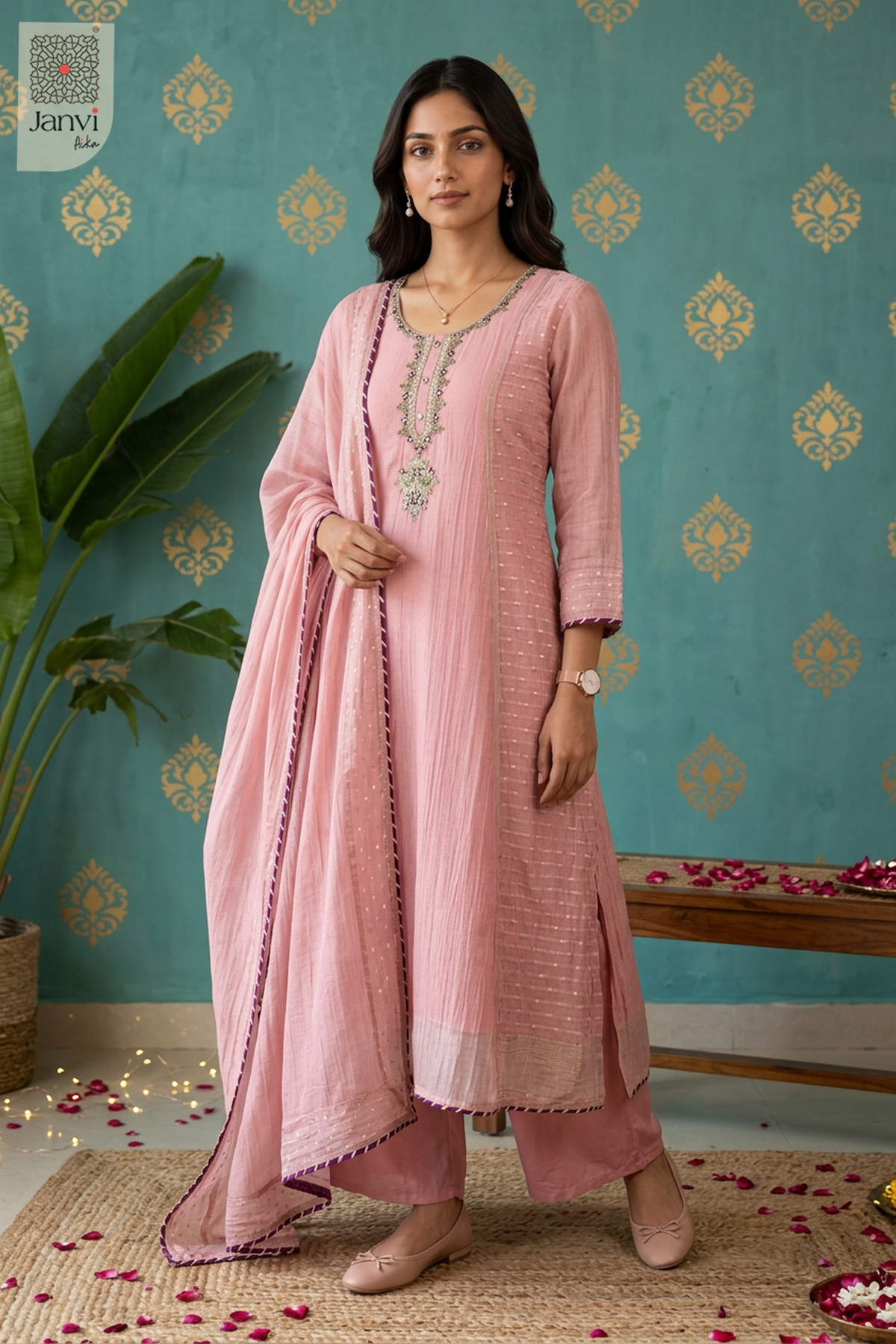Tessara Dotted Panel Embellished U Neck Anarkali