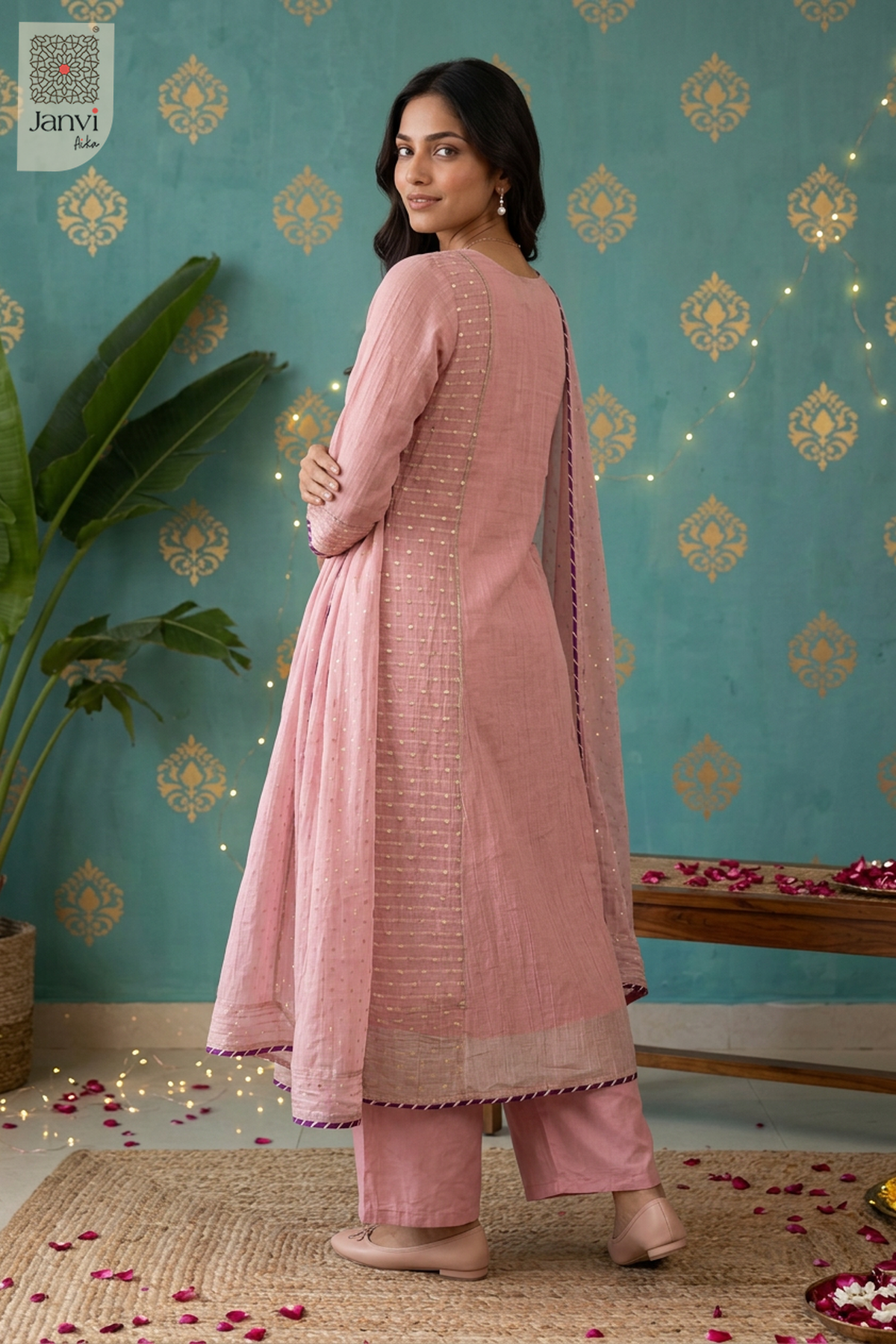 Tessara Dotted Panel Embellished U Neck Anarkali