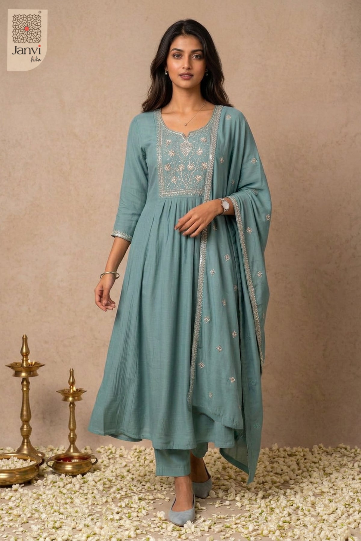 Turquoise Dabka Floral Notch Neck Anarkali