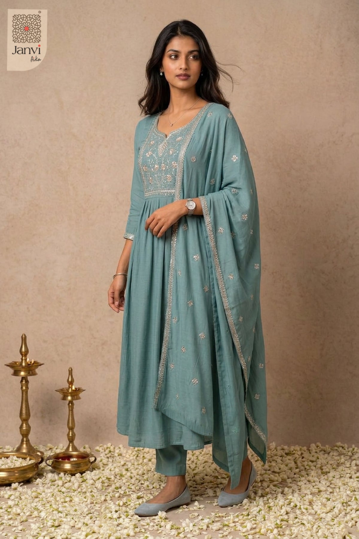 Turquoise Dabka Floral Notch Neck Anarkali