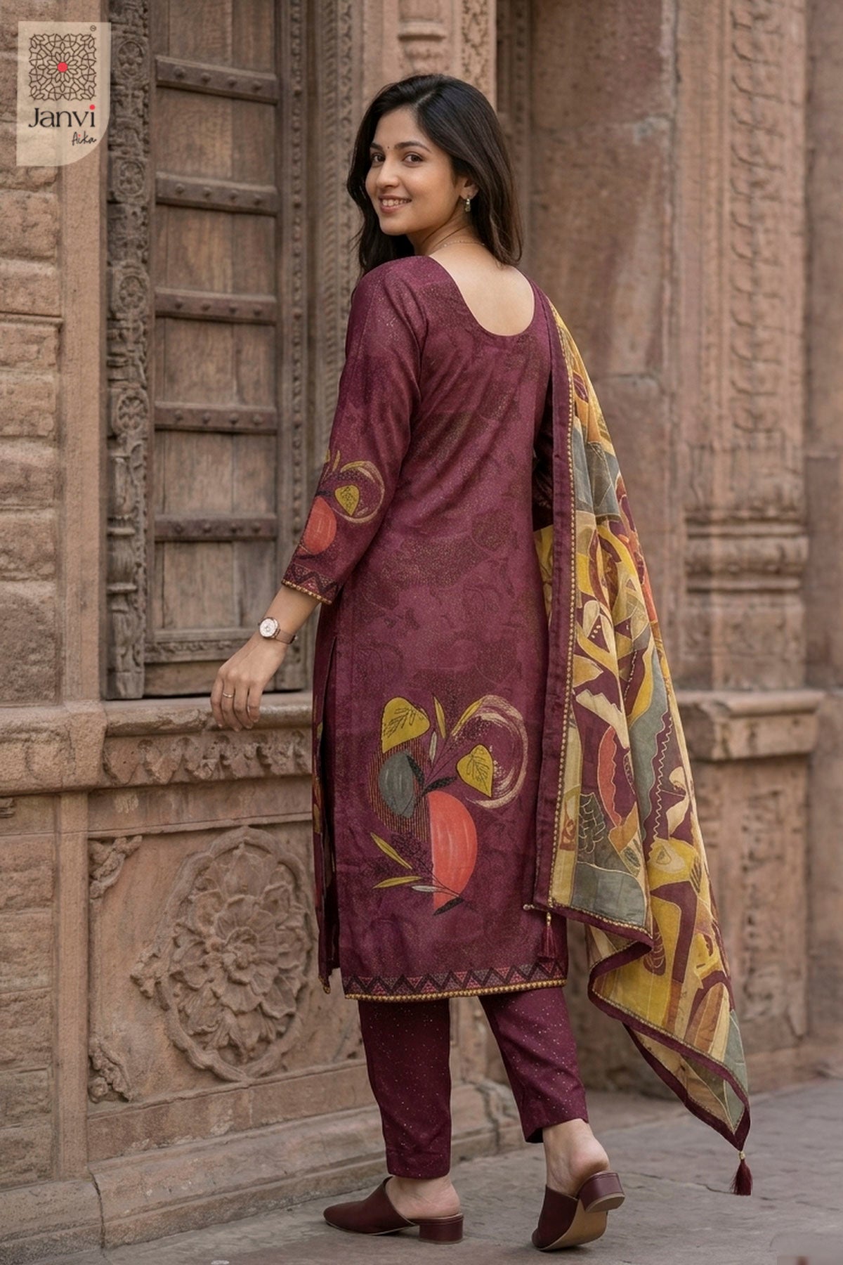 Front angled view of the flared silhouette of Vintage Berry for women's black dresses with sleeves.