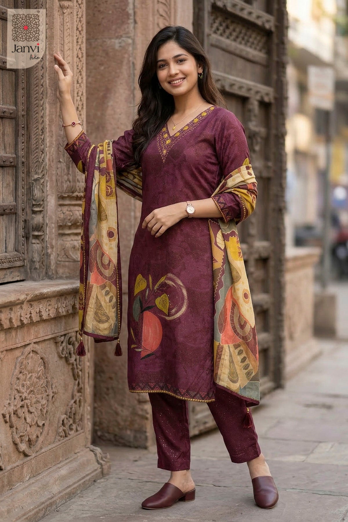 Back view showing neckline styling of Vintage Berry for indo western party wear for ladies.