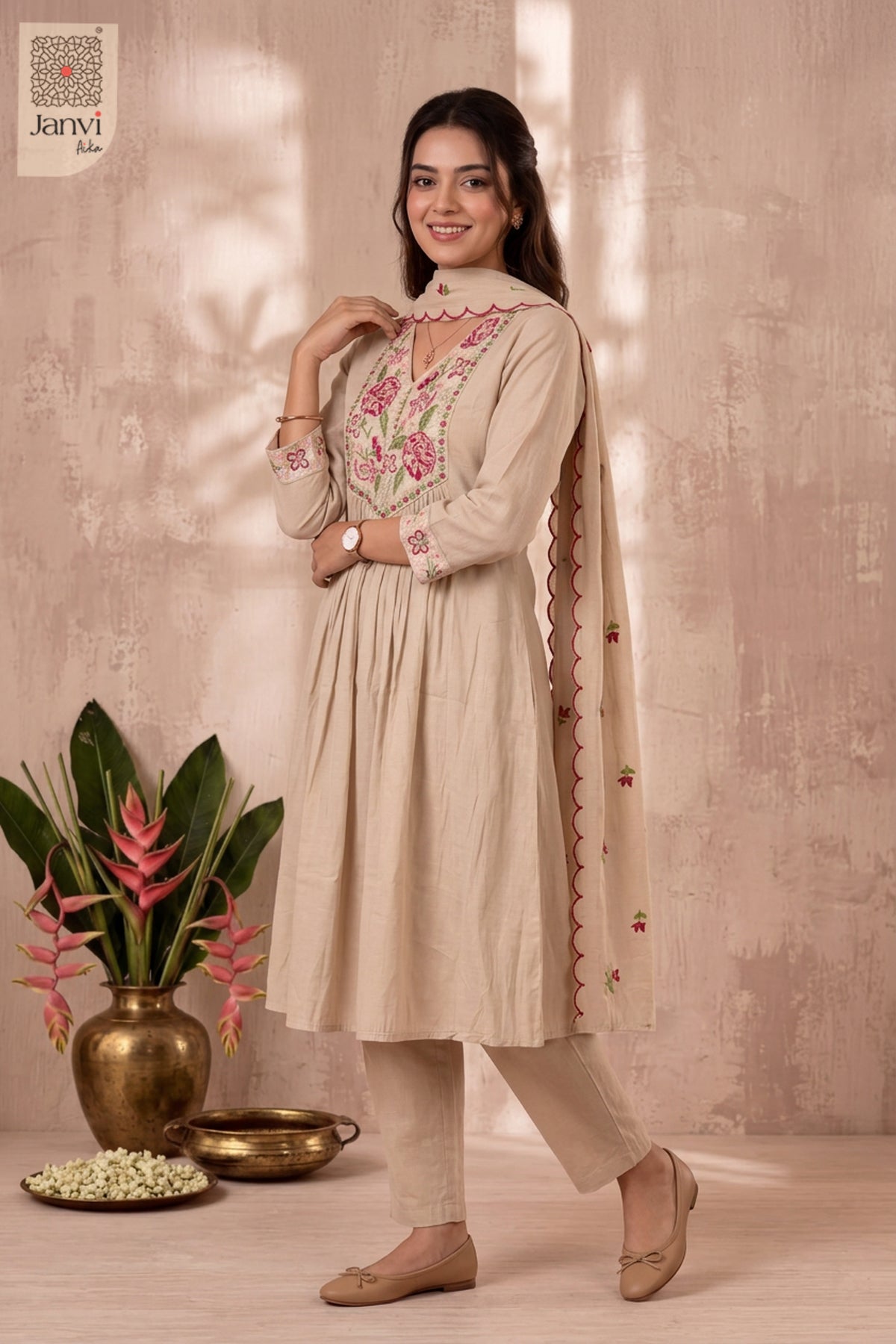 Vanilla Ivory Rosette Reverie Anarkali