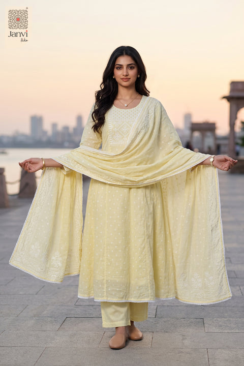 Vanilla Lattice Buti Round Neck Anarkali