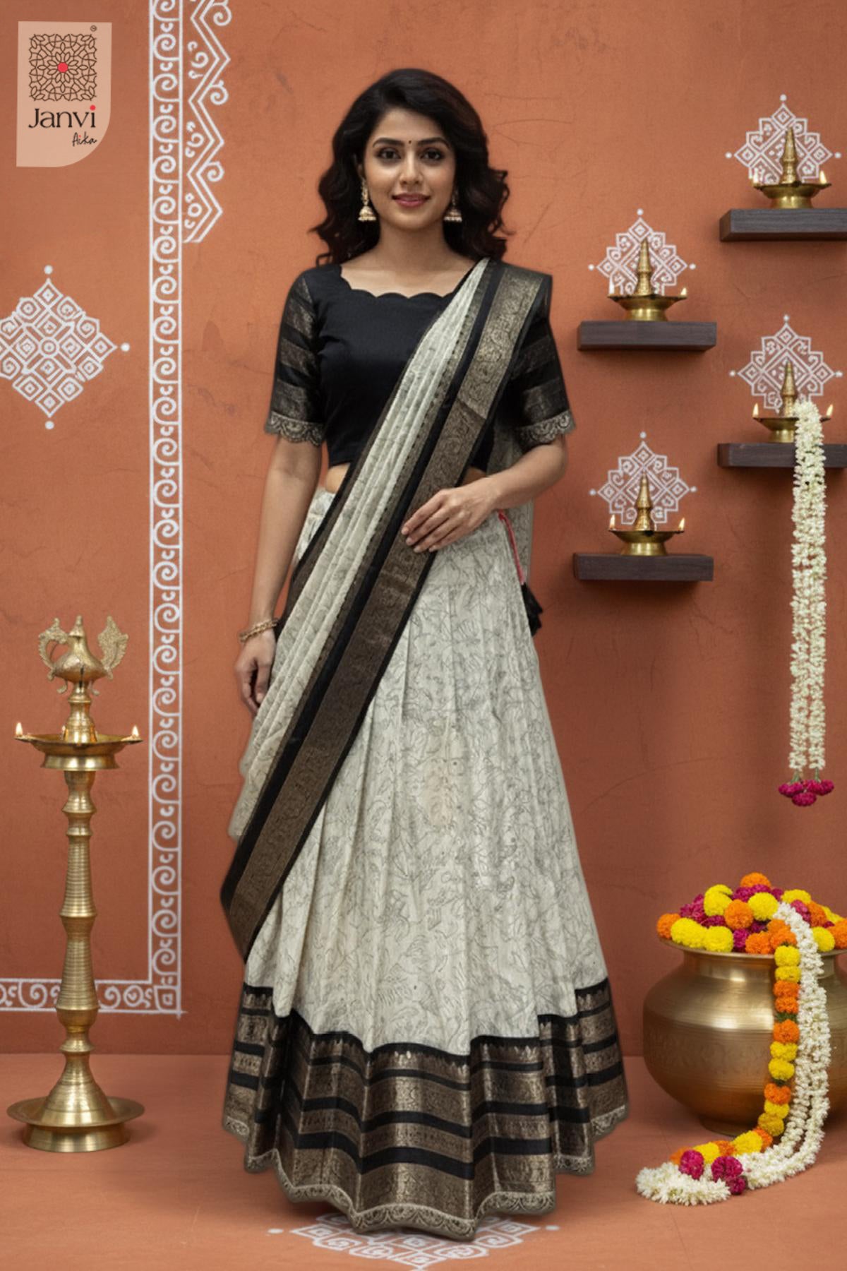 Vedika Classic Black Border Half Saree Lehenga Set