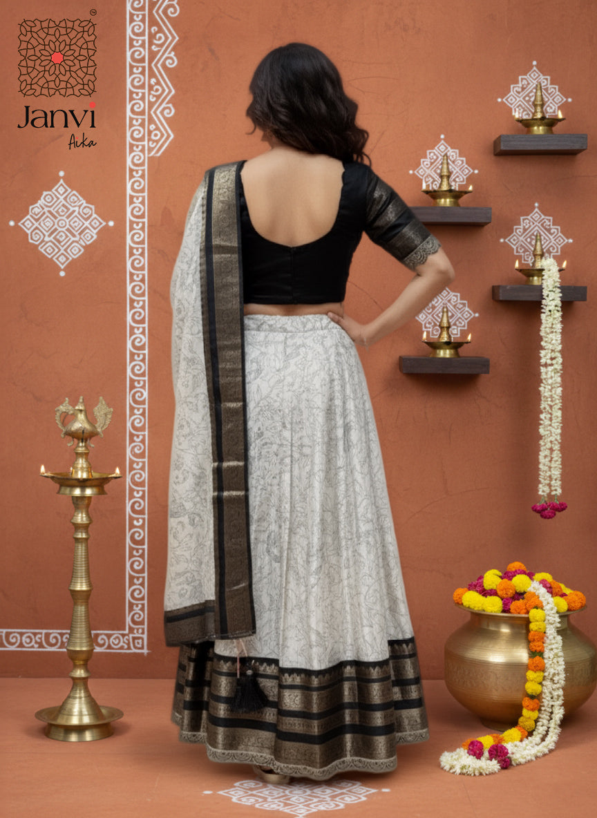 Vedika Classic Black Border Half Saree Lehenga Set