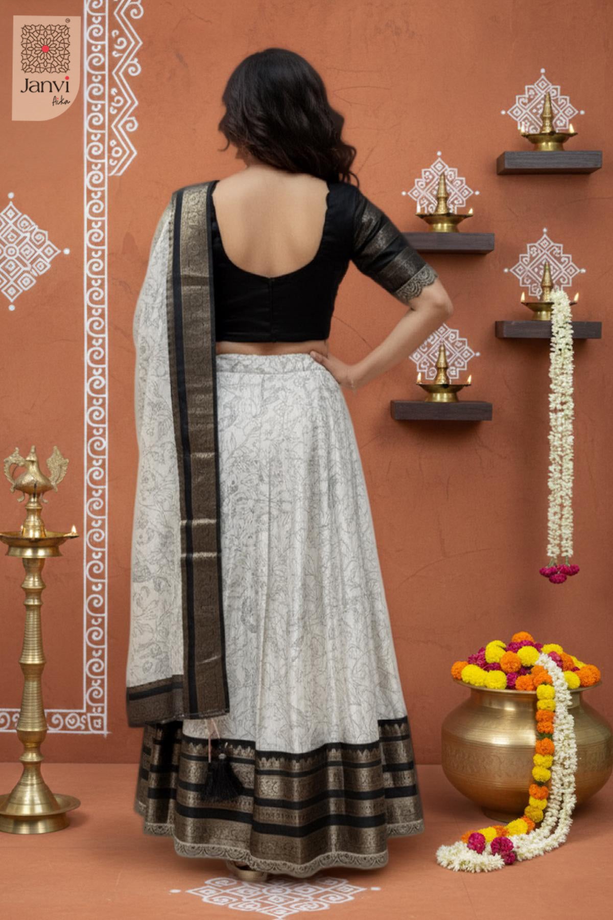 Vedika Classic Black Border Half Saree Lehenga Set