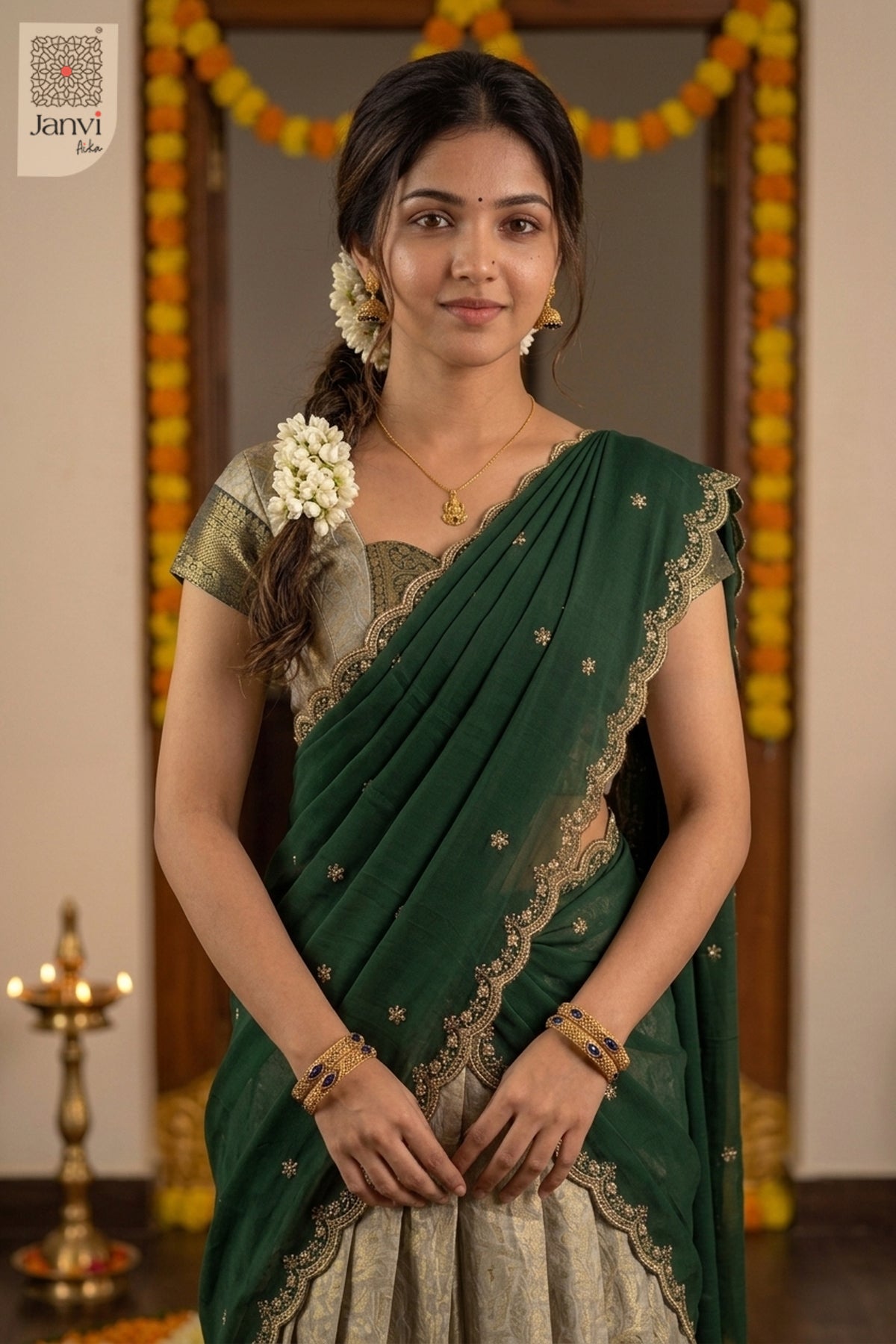 Close up portrait showing sweet heart neck half saree designer blouse and jewelry.
