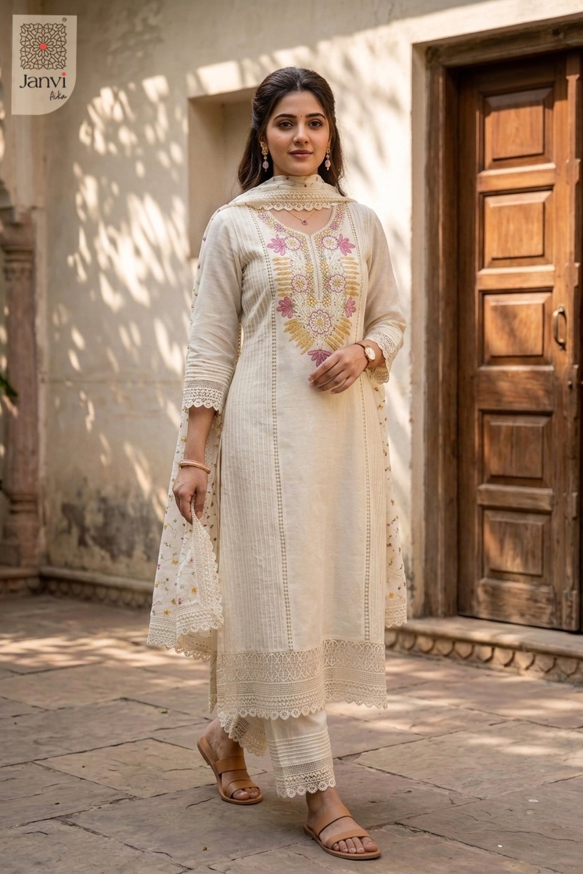 Front standing studio view of a half white festive georgette anarkali kurti set.