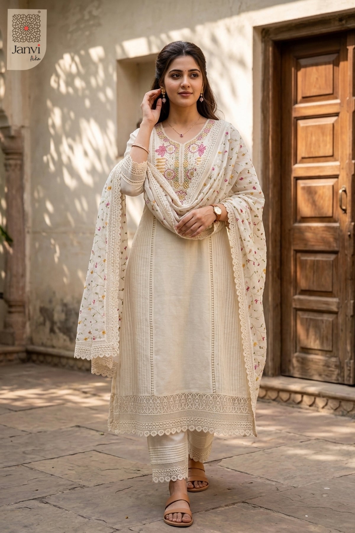 Half white embroidered festive long anarkali dress with dupatta and lace border.