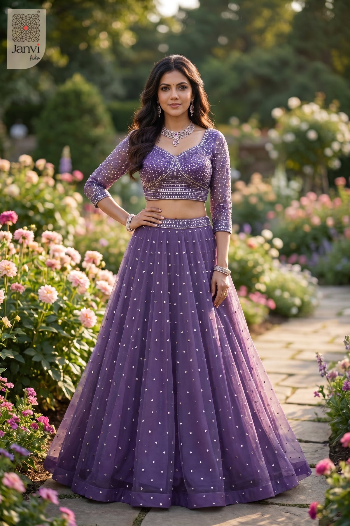 Front full standing shot of a classic purple net fashionable lehenga for women design.